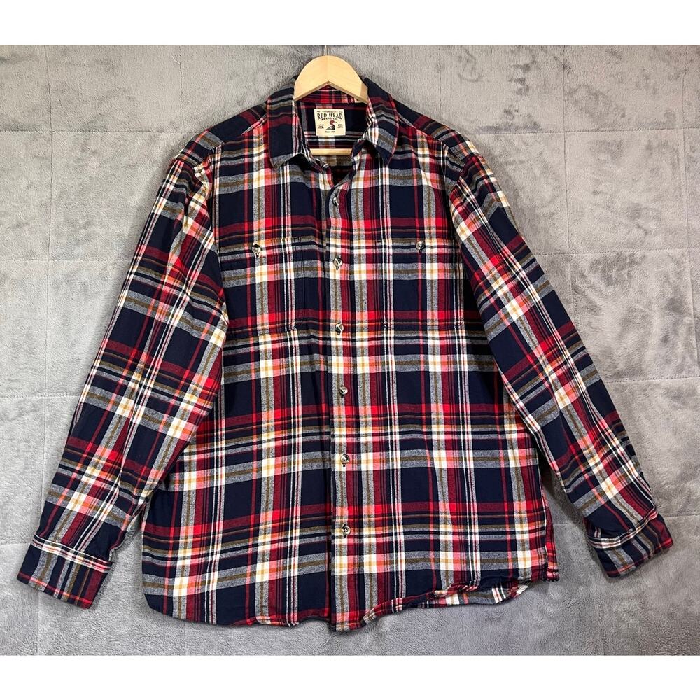 Red Head Shirt Mens Large Flannel Button Down Blue Red Plaid Cotton Western